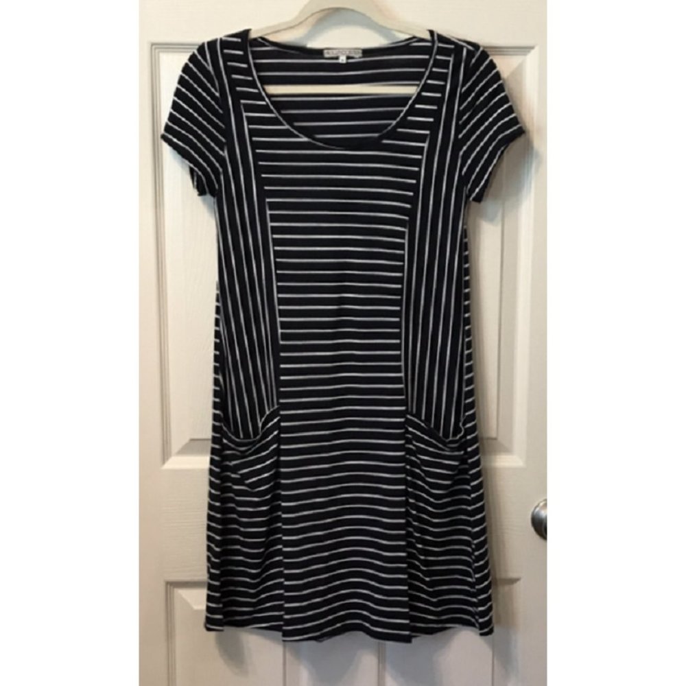 Rolla Coster Dark Navy Blue & White Stripe Sheath Dress With Pockets Size Small